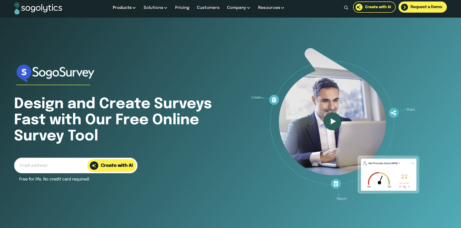 SogoSurvey'in açılış sayfasının ekran görüntüsü, "Ücretsiz Online Anket Aracımızla Hızlı Bir Şekilde Anket Tasarlayın ve Oluşturun" başlığını gösteriyor