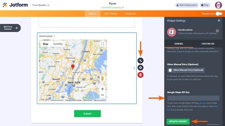 Screenshot of the Jotform Form Builder displaying the Geolocation widget settings panel on the right, including fields for a Google Maps API key and an “Update Widget” button