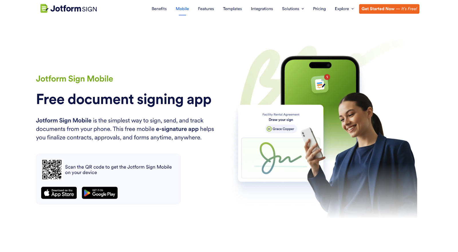Screenshot of Jotform Sign Mobile landing page, showing a headline "Free document signing app"
