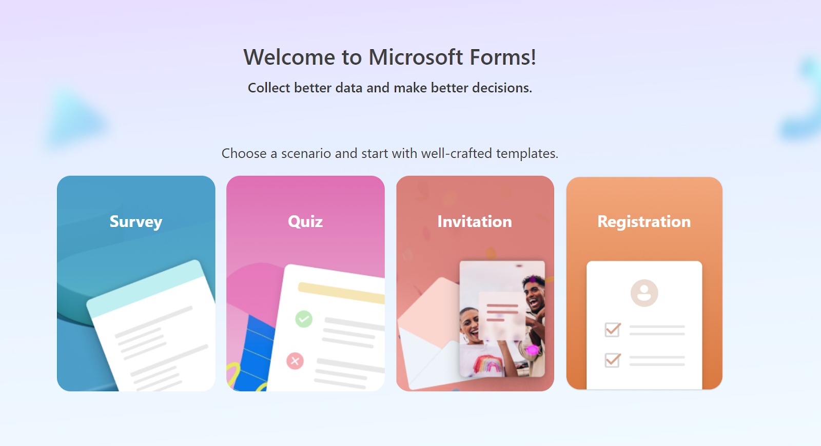 Screenshot from Microsoft Forms' user experience, showing that you can create different types of forms