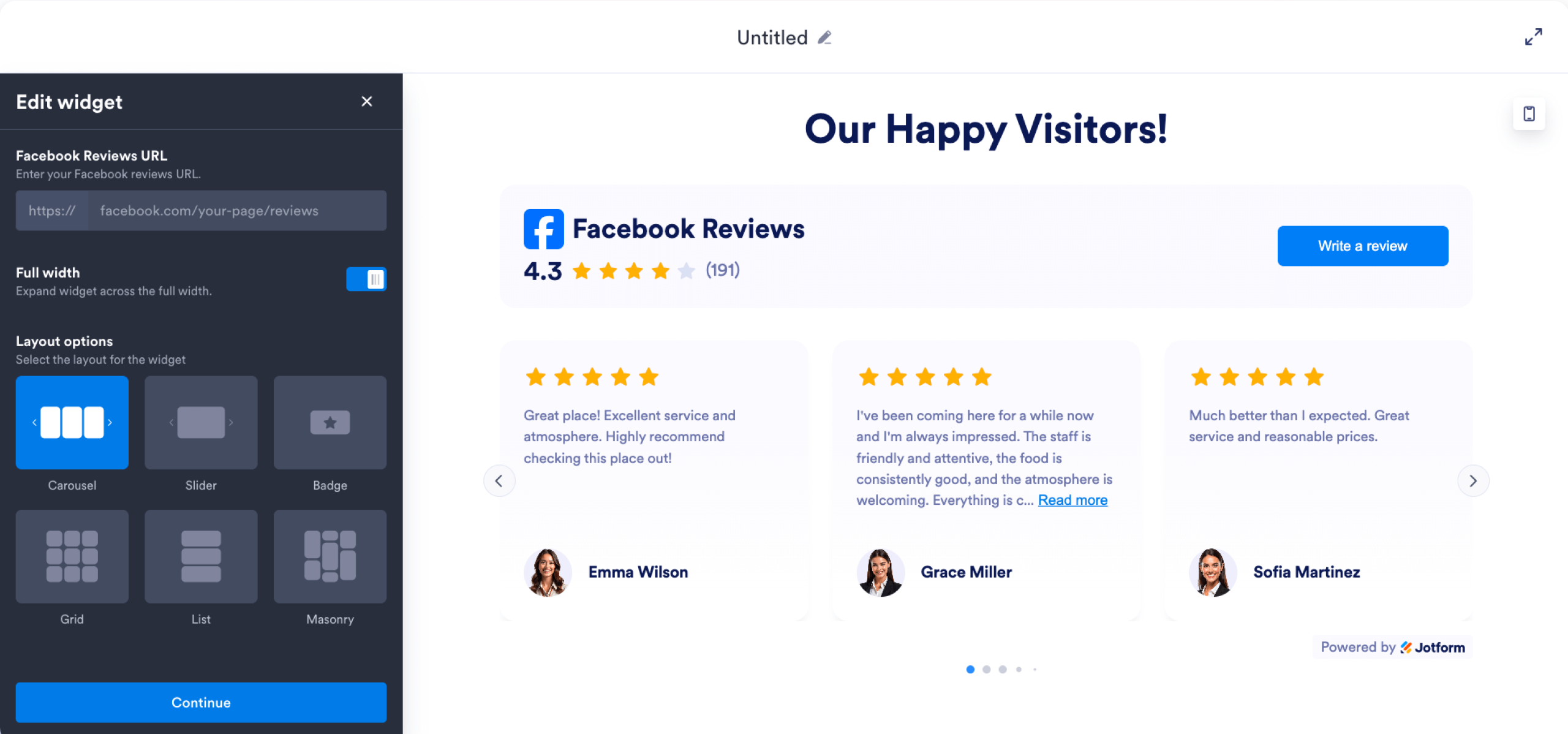 Screenshot of a website editor showing a Facebook Reviews widget