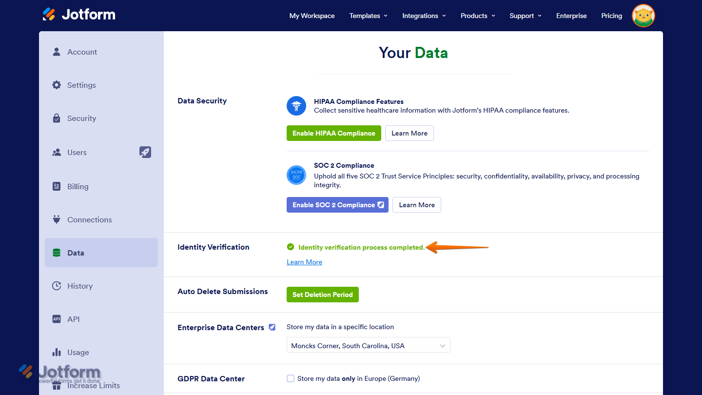 Identity Verification Process completed message on the Jotform Data page