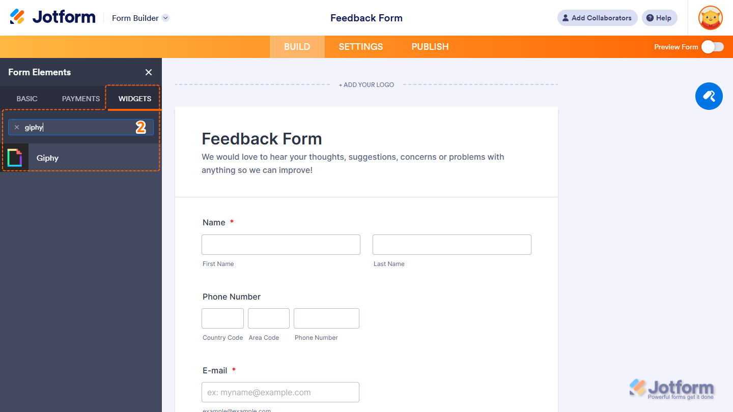 Giphy element under the Widgets tab of the Form Elements menu in Jotform Form Builder