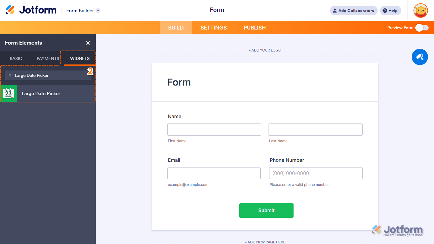 Form Elements Widgets tab showing Large Date Picker widget selection in Jotform
