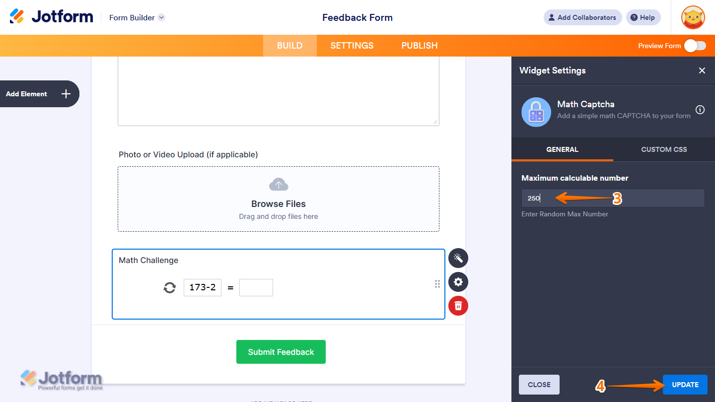 Math Captcha Widget Settings in Jotform Form Builder