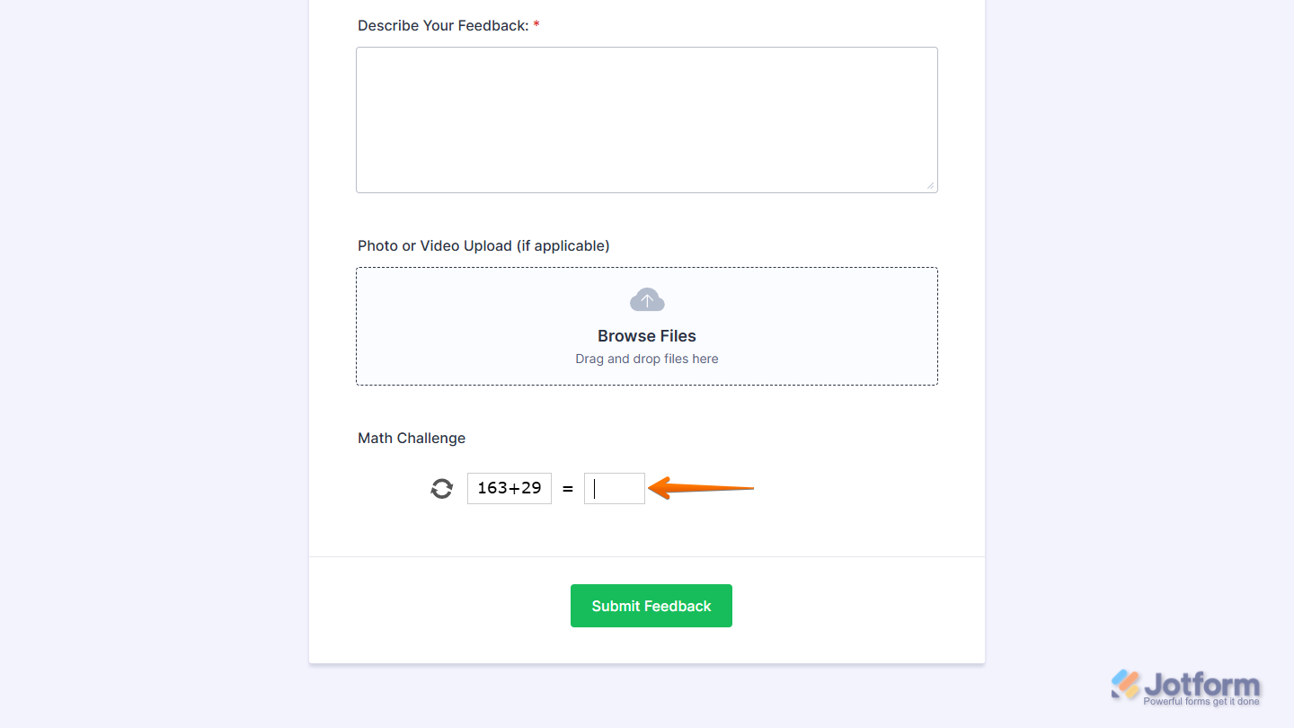 Math Captcha widget on a Jotform Demo Form