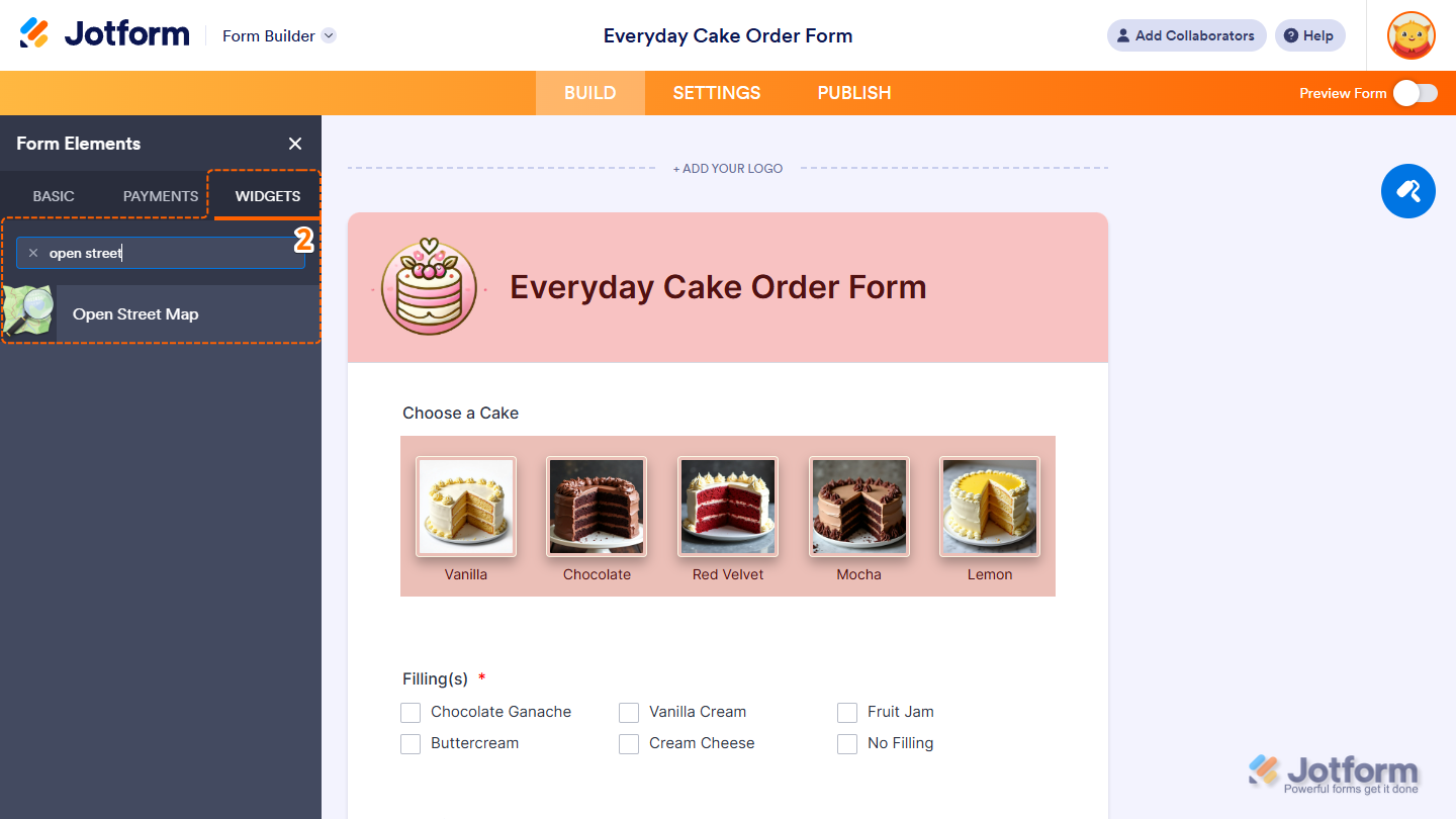 Open Street Map element under the Widgets tab of the Form Elements menu in Jotform Form Builder