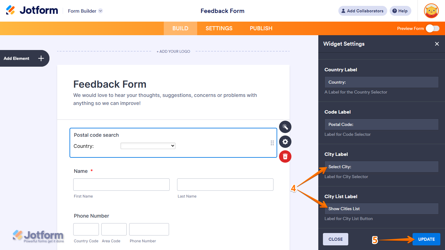 Other Settings in Postal Code Search Widget Settings in Jotform Form Builder
