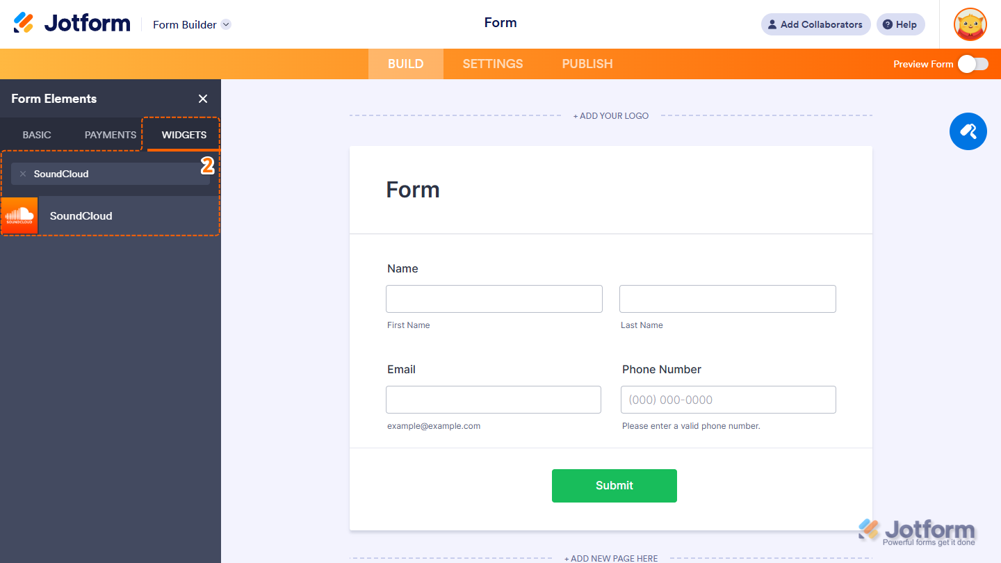 Form Elements Widgets tab showing SoundCloud widget selection in Jotform