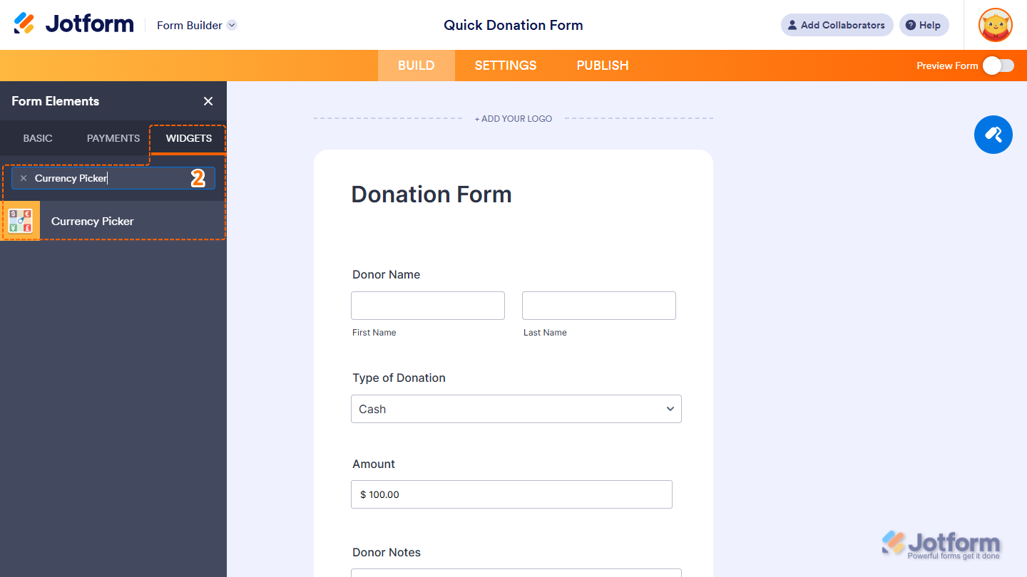 Currency Picker element under the Widgets tab of the Form Elements menu in Jotform Form Builder
