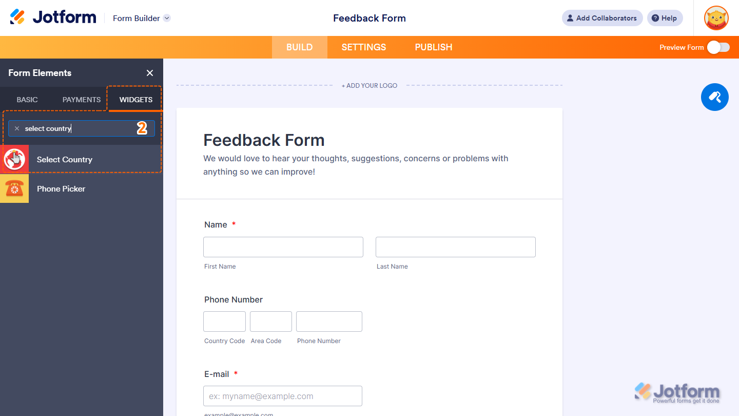 Select Country element under the Widgets tab of the Form Elements menu in Jotform Form Builder