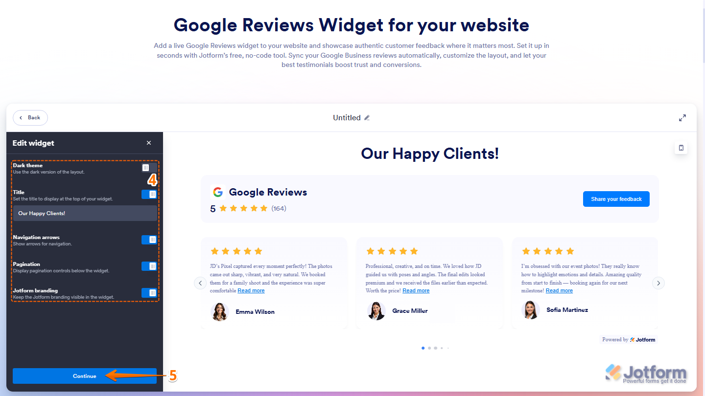 Google Reviews widget customization panel showing Dark Theme Title Navigation Arrows Pagination Jotform Branding options and Continue button