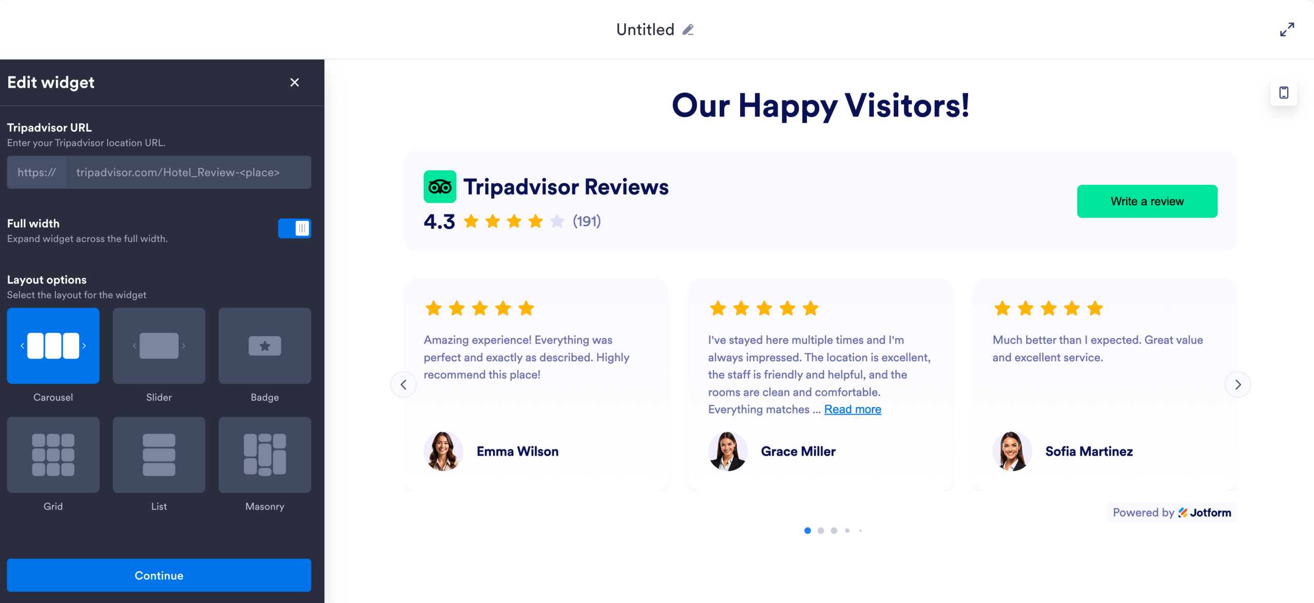 Jotform’s Tripadvisor Reviews Widget displayed in a website editor, showing a 4