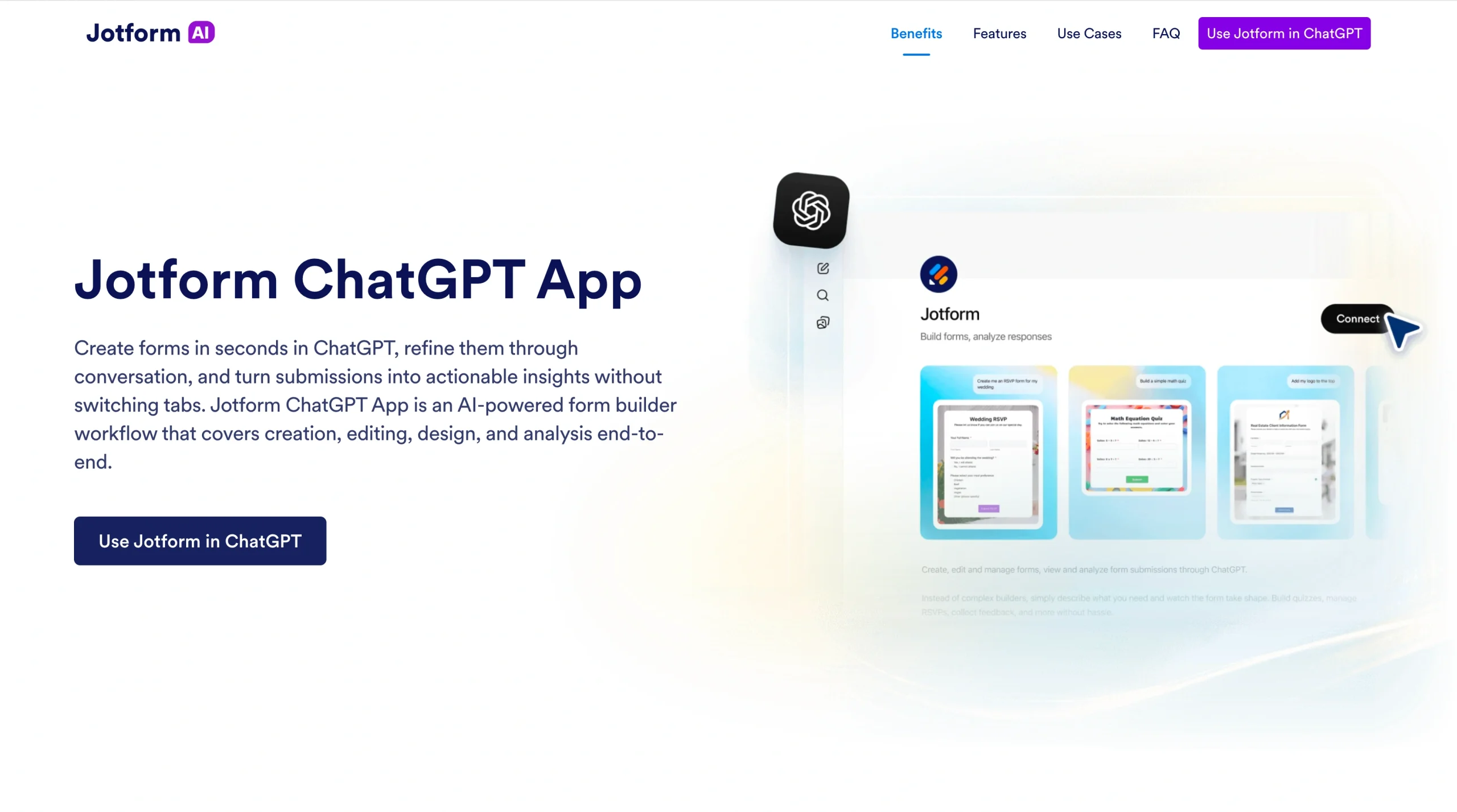 Screenshot of the Jotform ChatGPT App landing page