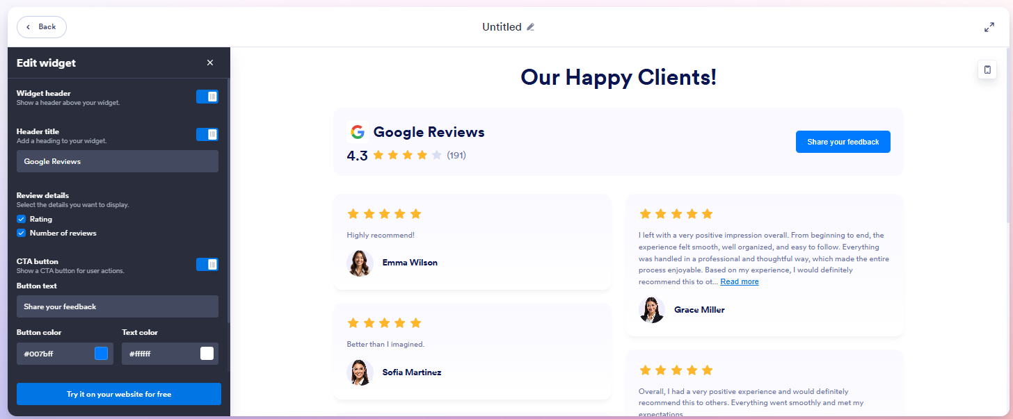 Screenshot shows step two of adding Jotform's Google Review Widget to a WordPress website