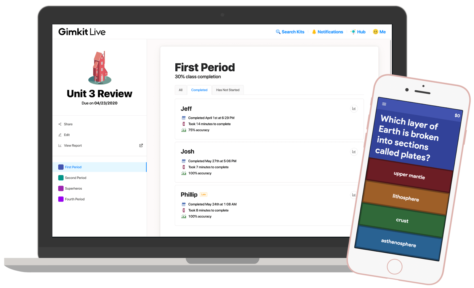 Gimkit Quiz View and Dashboard Mockup