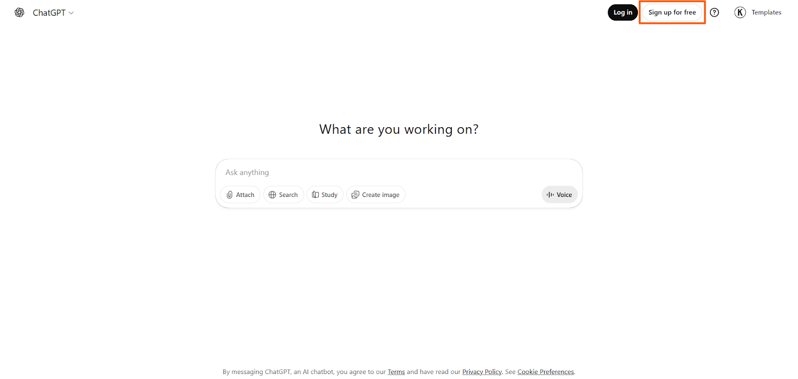 ChatGPT home screen with the prompt box centered on the page and a “Sign up for free” button highlighted in the top-right corner