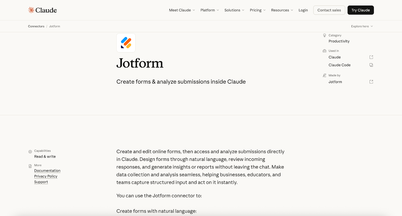 Interfaz de Claude mostrando la página del conector Jotform con descripción de creación de formularios y análisis