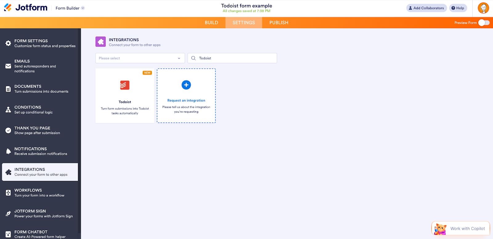 Buscando la integración de Todoist en la página de Integraciones en el creador de formularios Jotform