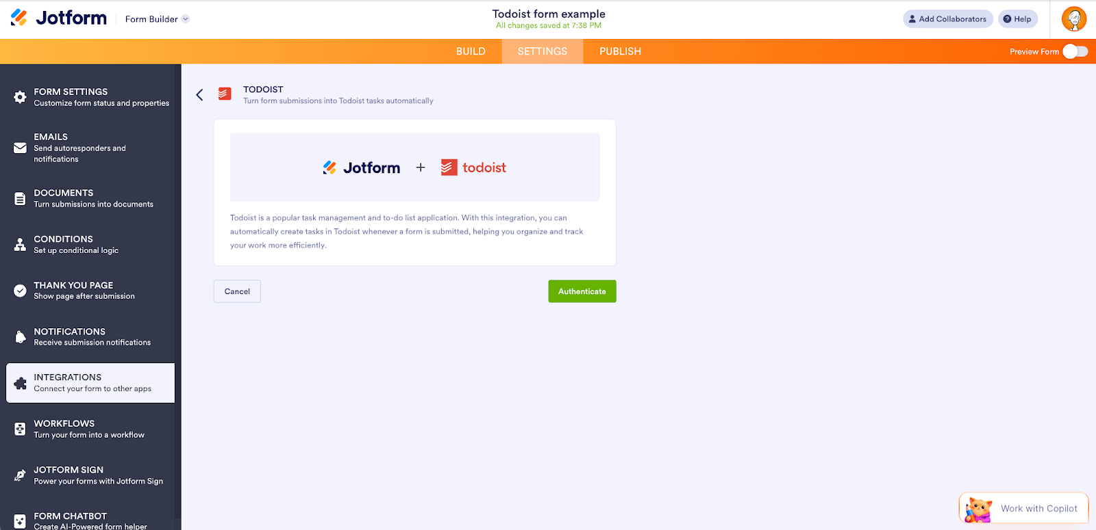 Visualizando la integración de Todoist en el creador de formularios Jotform