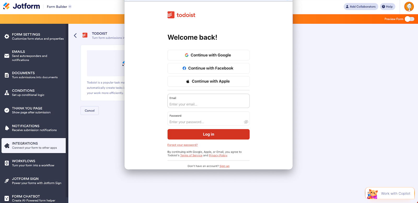 Haciendo clic en el botón Autenticar en la ventana de integración de Todoist