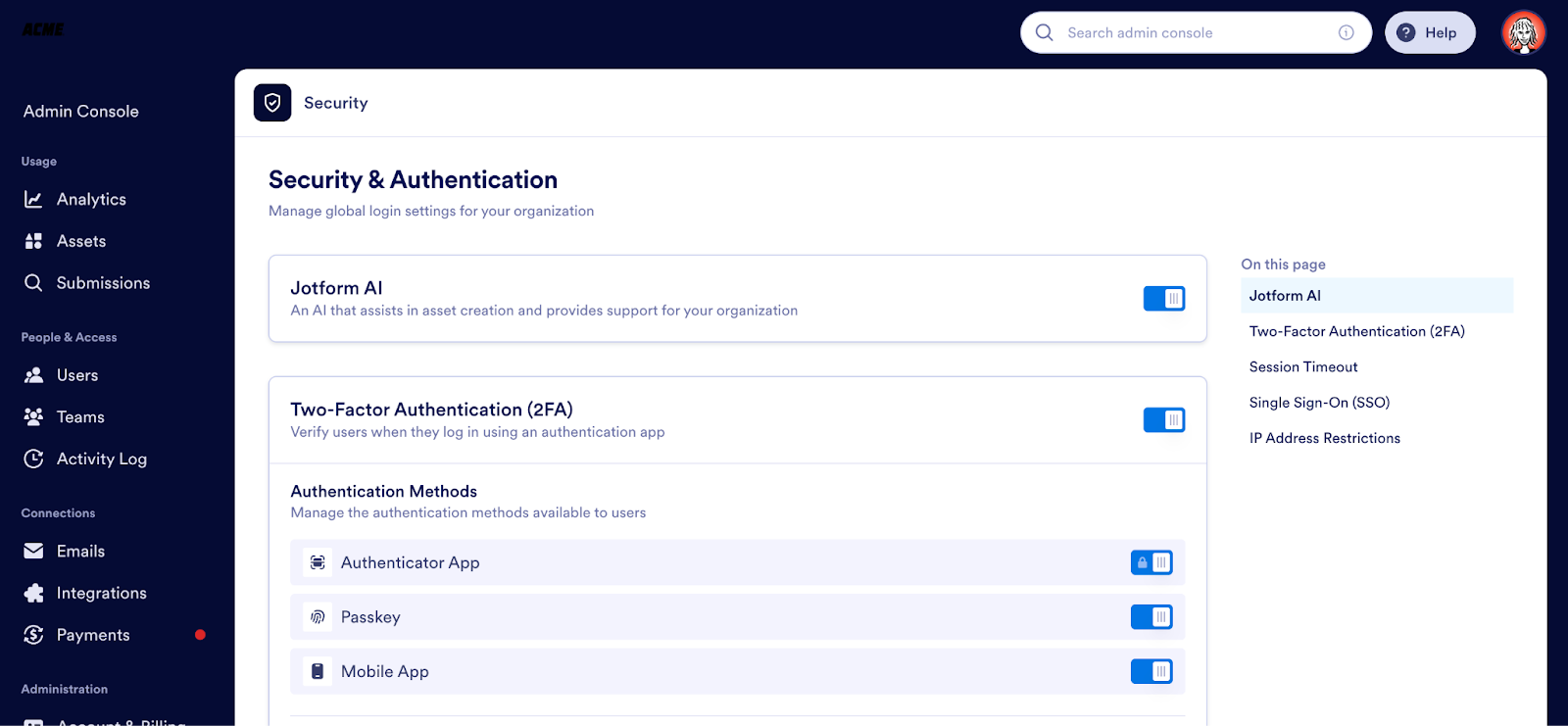 Selecting the Jotform AI option on the Security & Authentication page on Jotform Admin Console page