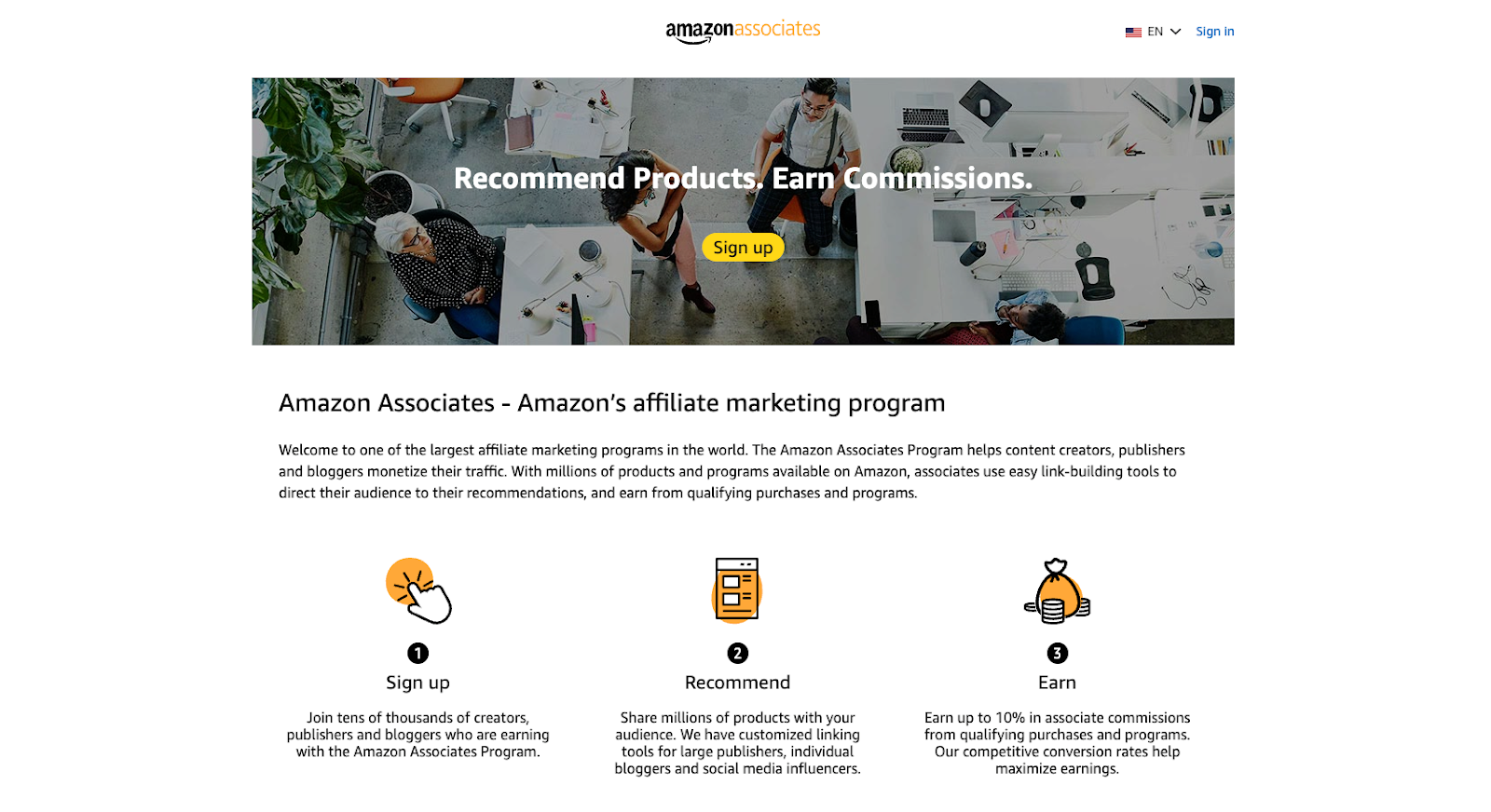 Amazon Associates website with the words: "Recommend Products