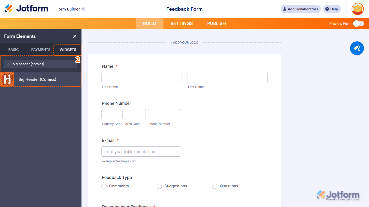 Big Header (Comics) element under the Widgets tab of the Form Elements menu in Jotform Form Builder