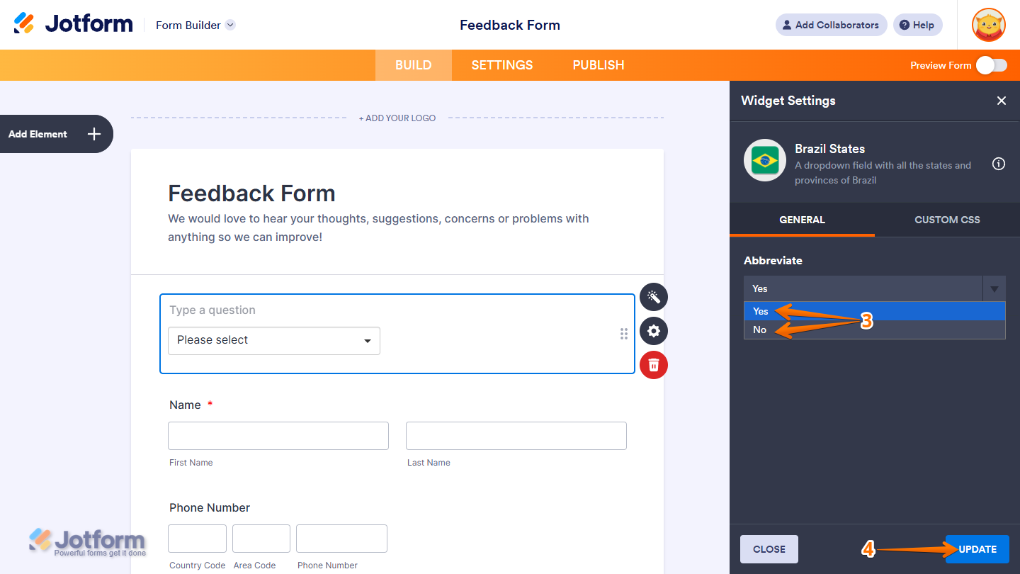 Brazil States Widget Settings in Jotform Form Builder