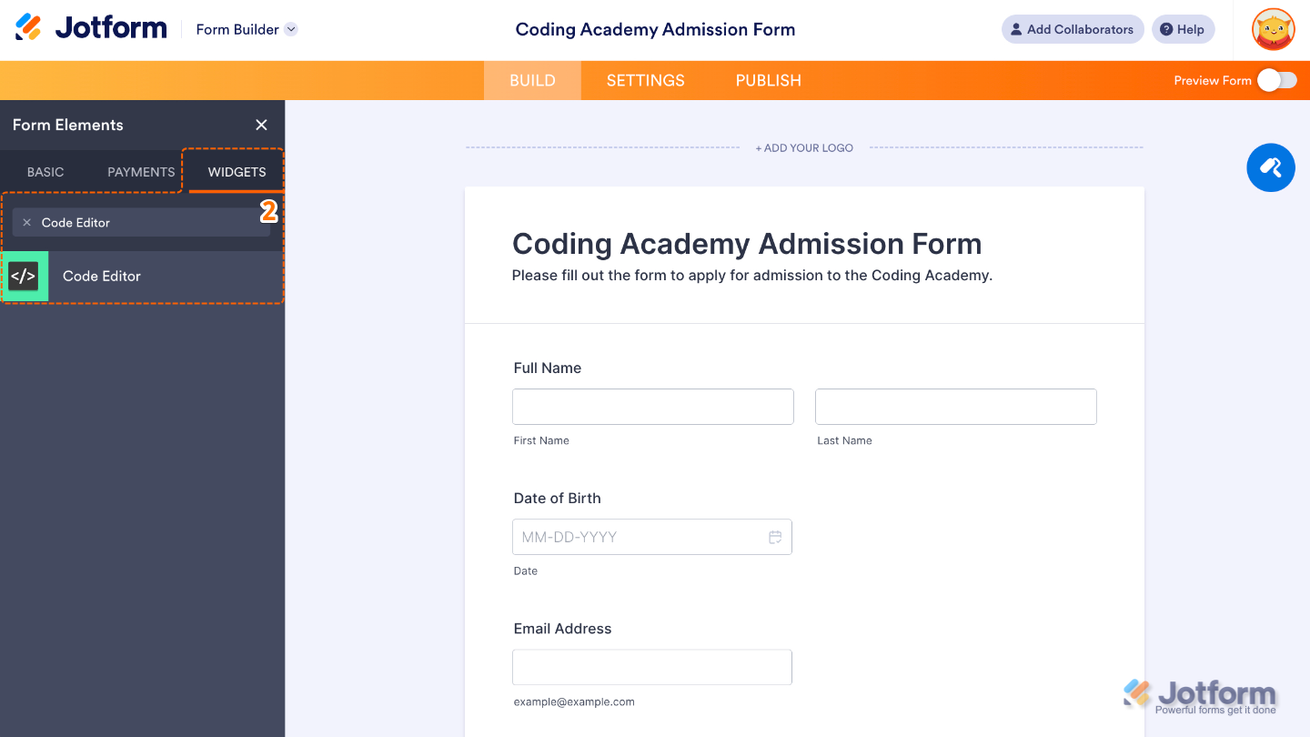 Form Elements panel under the Widgets tab showing the Code Editor widget being searched and added to a form