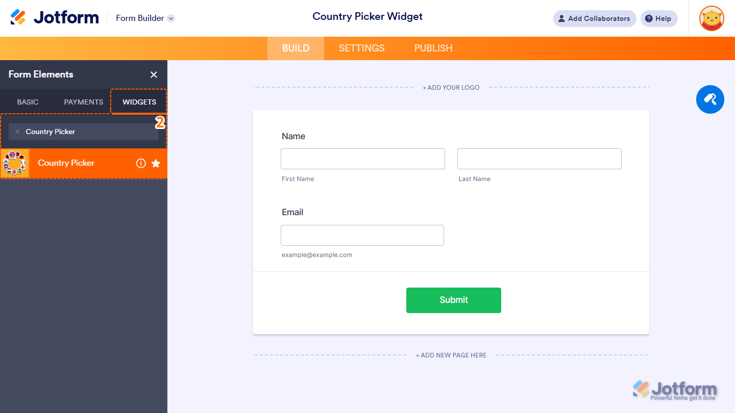 Country Picker in the Widgets tab of Jotform Form Builder