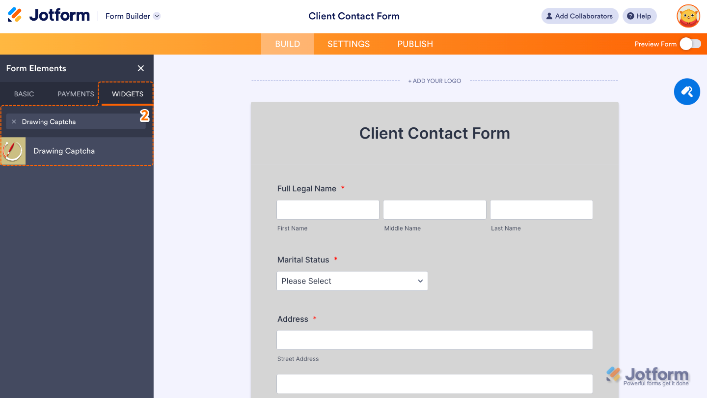 Form Elements panel under the Widgets tab showing the Drawing Captcha widget being searched and added to a form