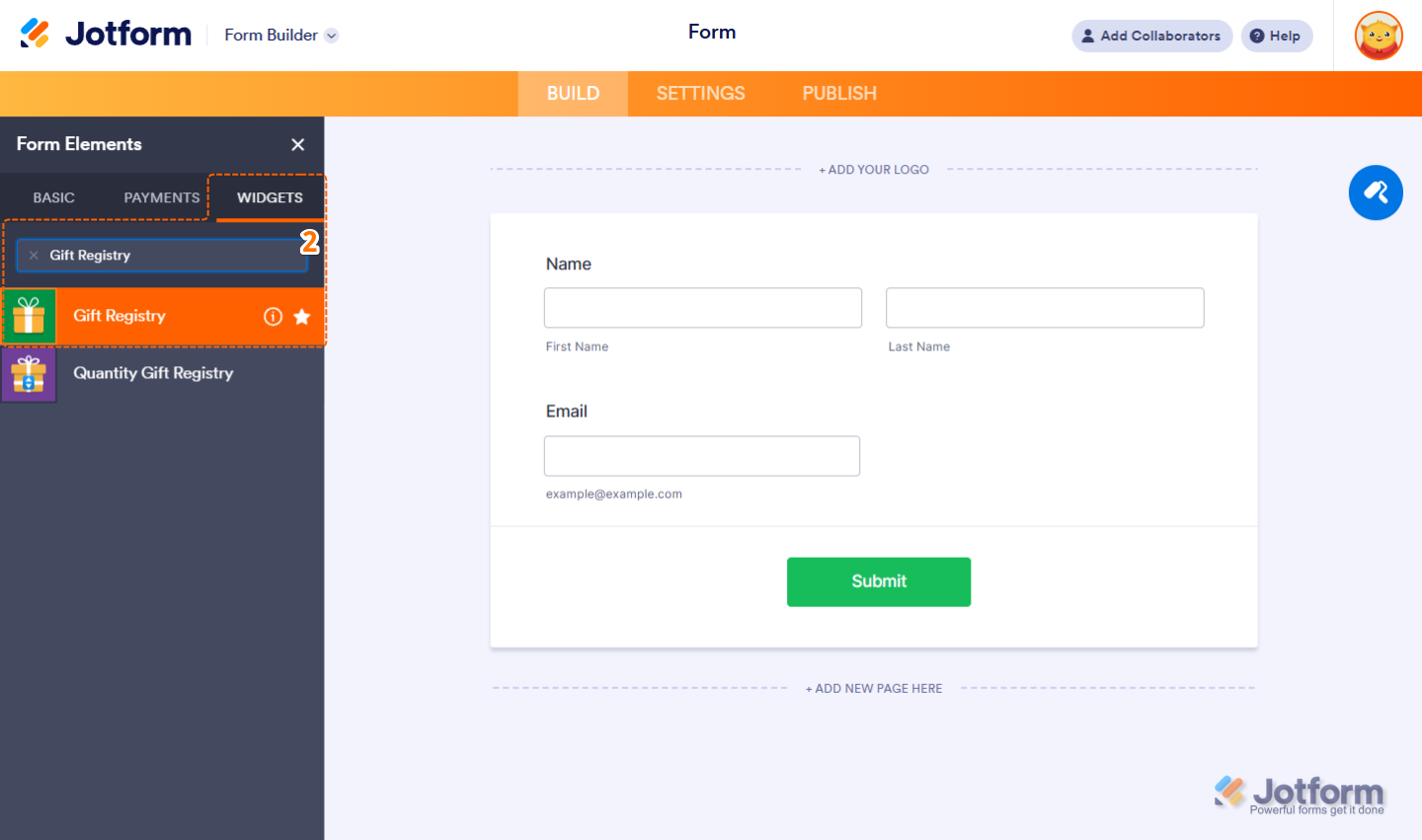 Gift Registry widget in the Widgets tab of Jotform Form Builder