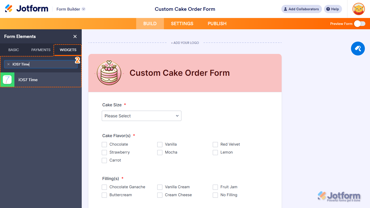 iOS7 Time element under the Widgets tab of the Form Elements menu in Jotform Form Builder