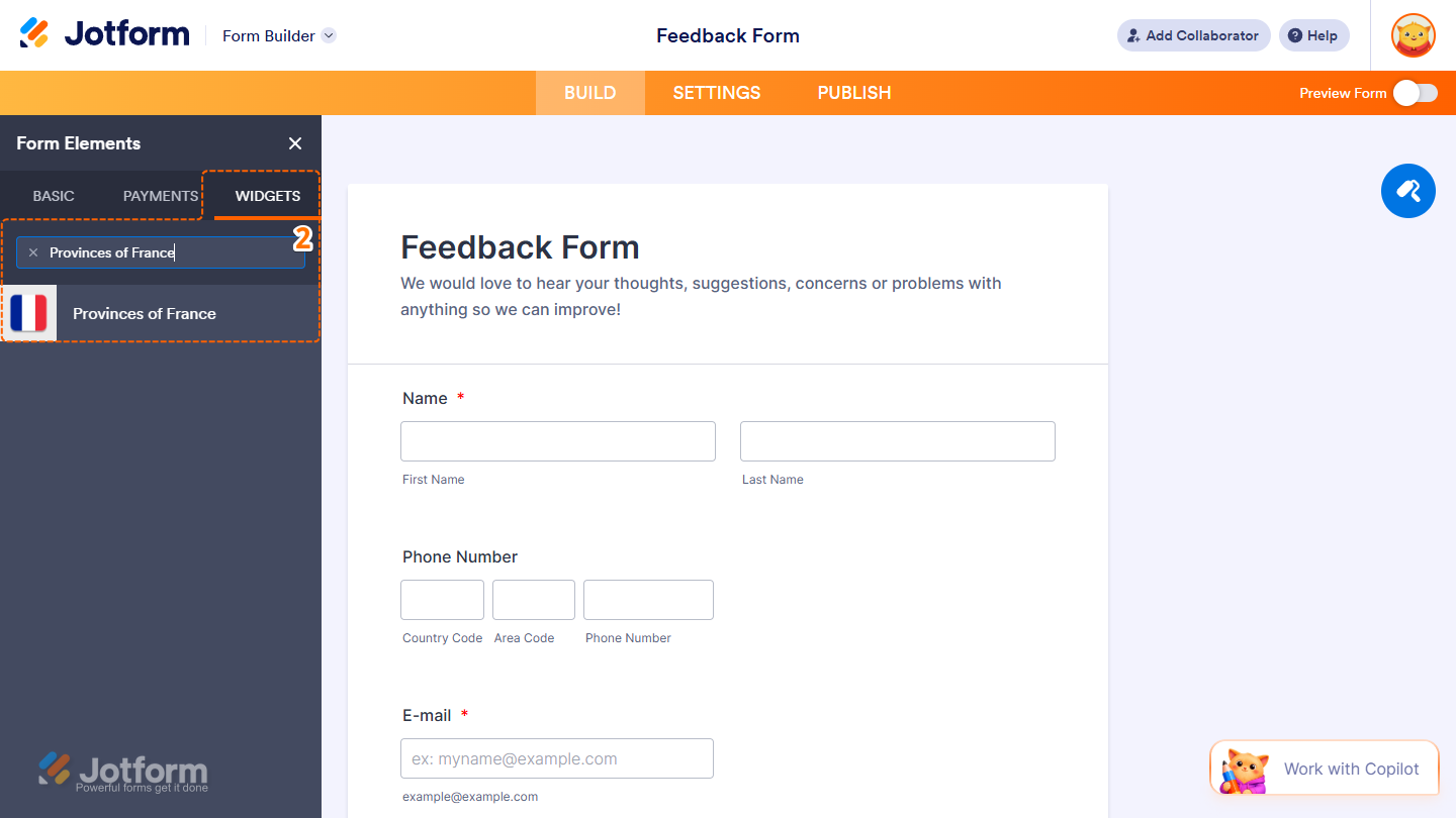 Provinces of France element under the Widgets tab of the Form Elements menu in Jotform Form Builder