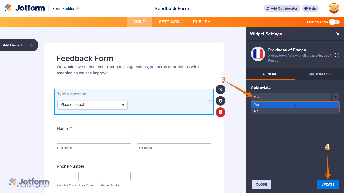 Provinces of France Widget Settings in Jotform Form Builder