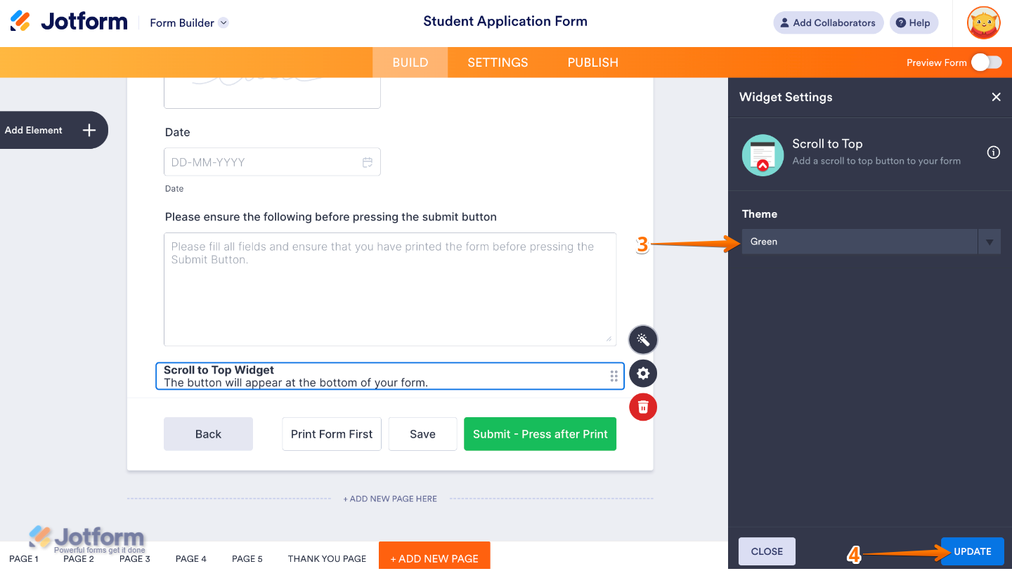 Scroll to Top widget settings panel showing the Theme option used to customize the button color and style