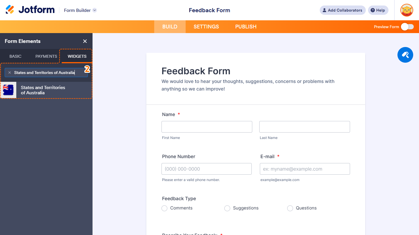 States and Territories of Australia element under the Widgets tab of the Form Elements menu in Jotform Form Builder