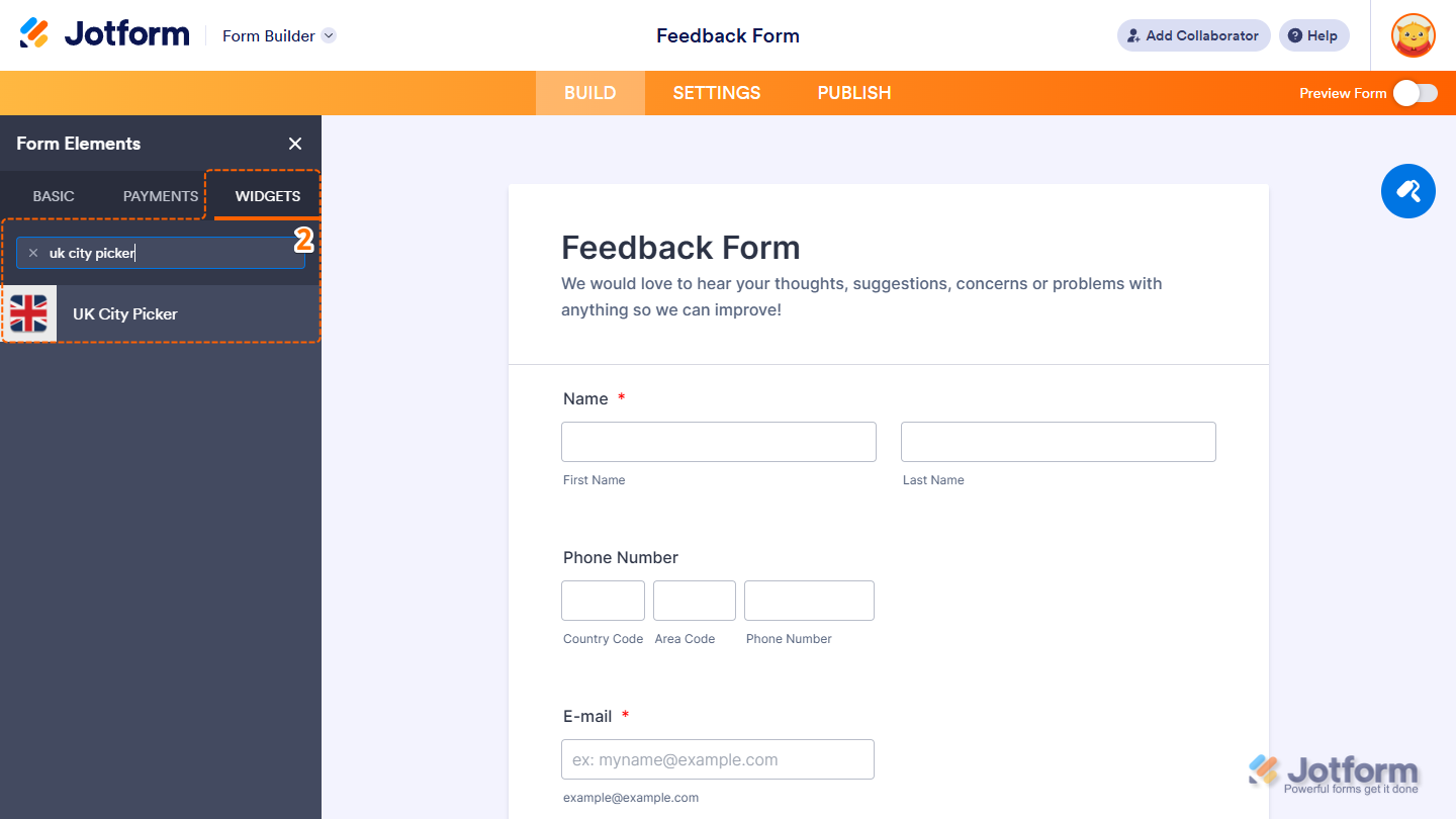 UK City Picker element under the Widgets tab of the Form Elements menu in Jotform Form Builder