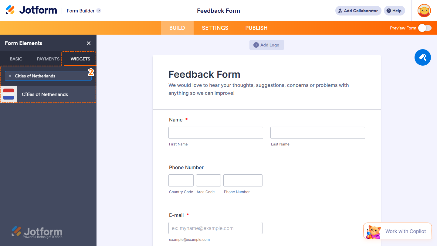 Cities of Netherlands element under the Widgets tab of the Form Elements menu in Jotform Form Builder
