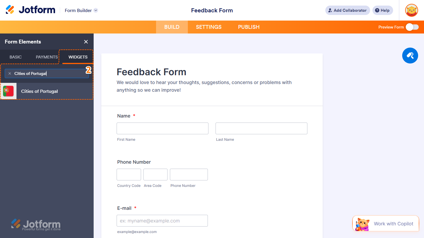 Cities of Portugal element under the Widgets tab of the Form Elements menu in Jotform Form Builder