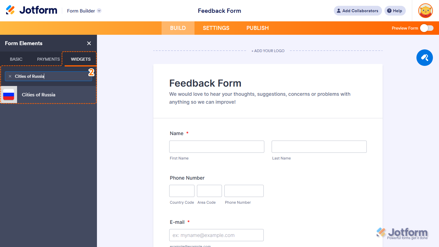 Cities of Russia element under the Widgets tab of the Form Elements menu in Jotform Form Builder