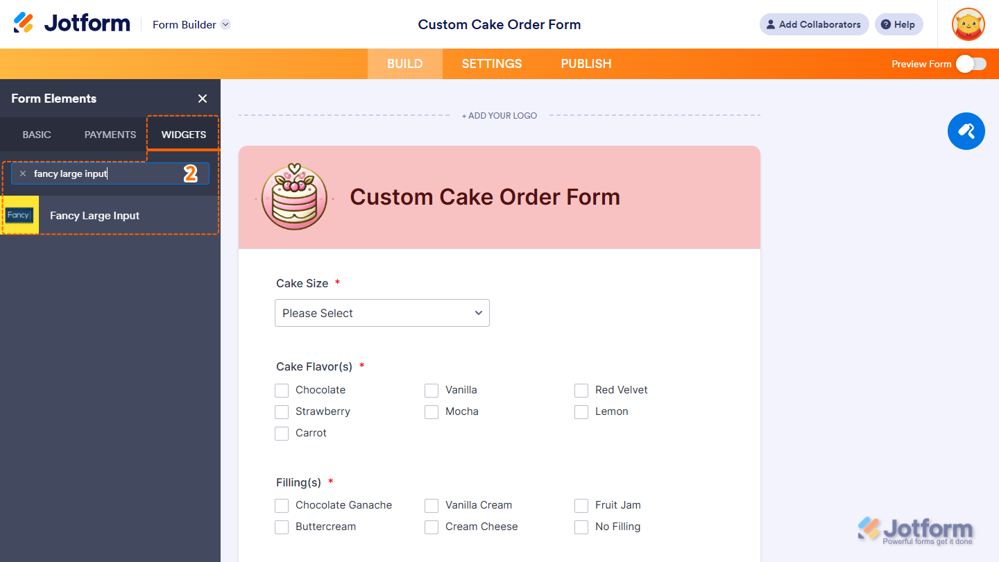 Fancy Large Input element under the Widgets tab of the Form Elements menu in Jotform Form Builder