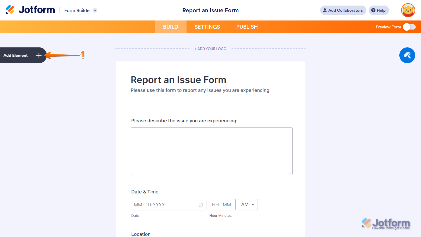 Add Element button in Jotform Form Builder