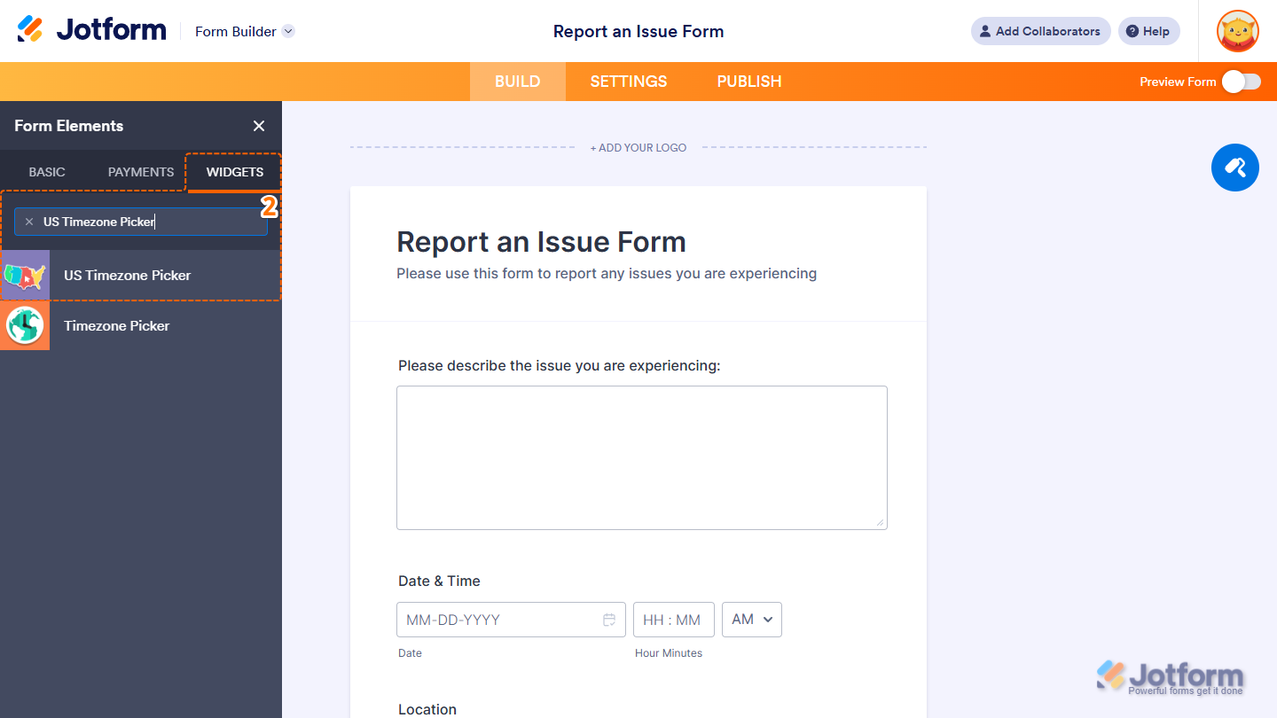 US Timezone Picker element under the Widgets tab of the Form Elements menu in Jotform Form Builder