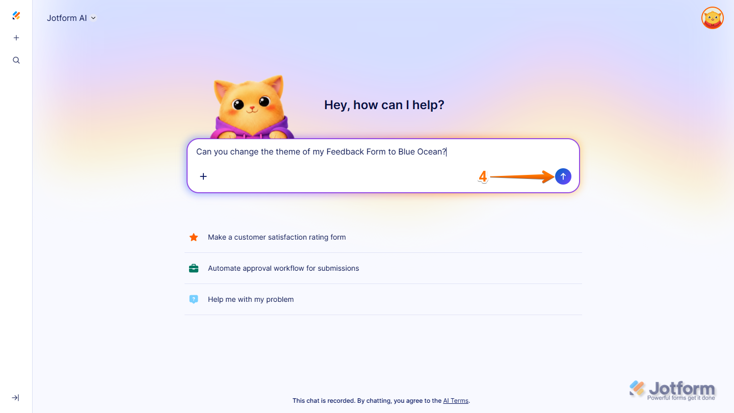 Customize form theme prompt on the Jotform AI page