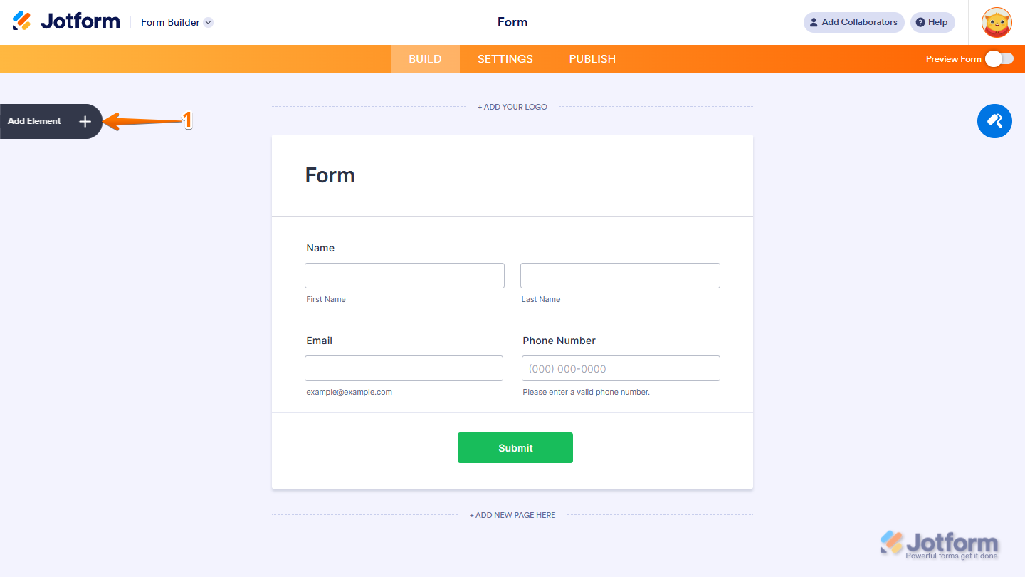 Form Builder showing Add Element button on the left side in Jotform