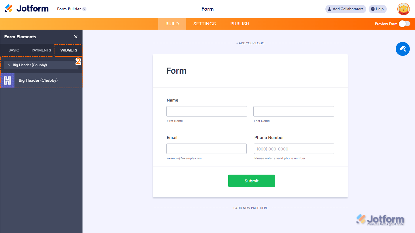 Form Elements Widgets tab showing Big Header Chubby widget search and selection in Jotform