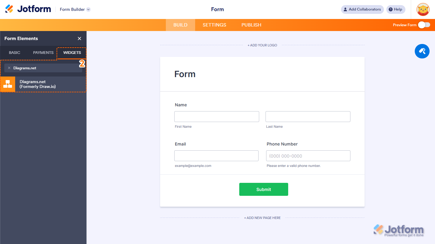 Form Elements Widgets tab showing Diagrams