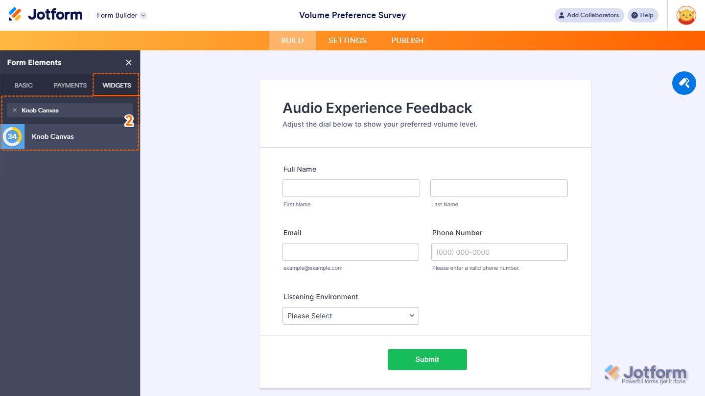 Form Elements Widgets tab showing Knob Canvas widget selection in Jotform